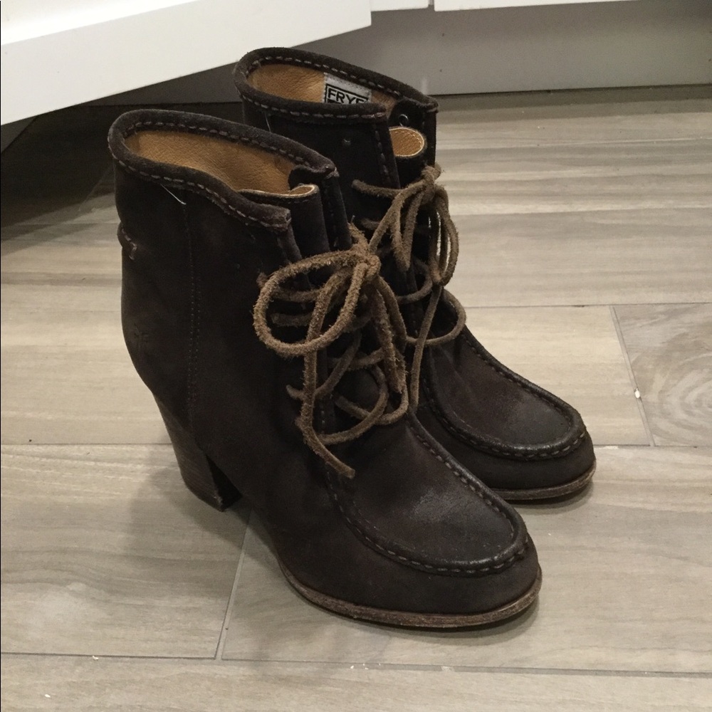 FRYE BROWN LEATHER SUEDE LEATHER CHUNKY HEEL BOOTS sz 7, NEW - Picture 9 of 10